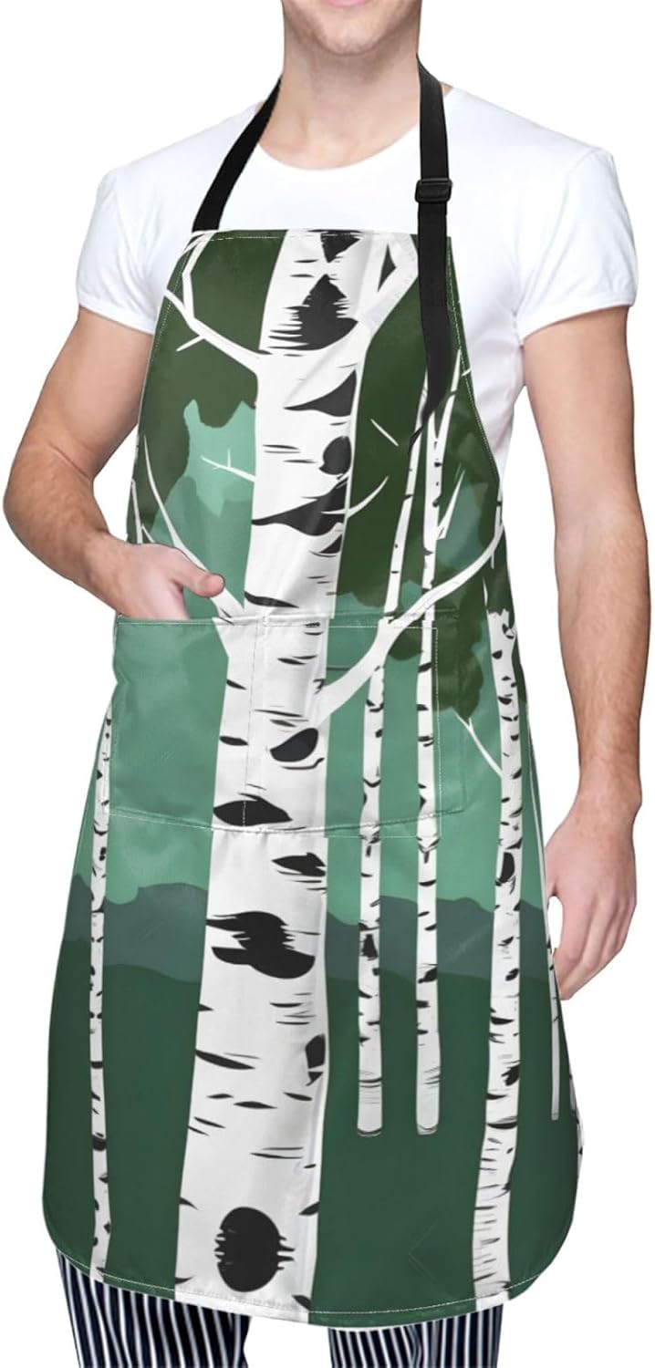 Birch Trees Print 28x33 In Adult Kitchen Apron with Pockets Versatile Chef Smock for Cooking Baking