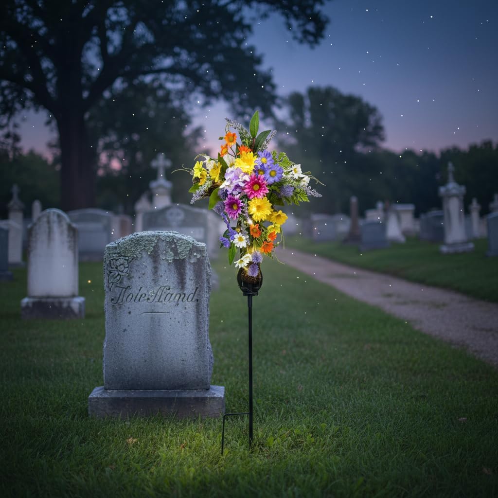 32 Inch Solar Powered Cross Grave Stake Decoration Lighted Cemetery Stake with Colorful Artificial Wildflowers Daisies, Floral Arrangement for Garden Cemetery and Memorial