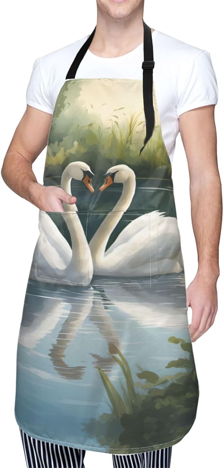 Beautiful White Swans on The Lake Print 28 x 33in Waterproof Apron with Pockets Fashionable Versatile Smock for Baking