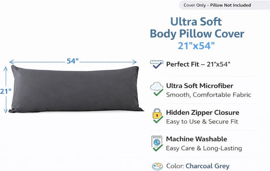 EVOLIVE Ultra Soft Microfiber Body Pillow Cover/Pillowcases 21"x54" with Hidden Zipper Closure (21"x54" Body Pillow Cover, Charcoal Grey)