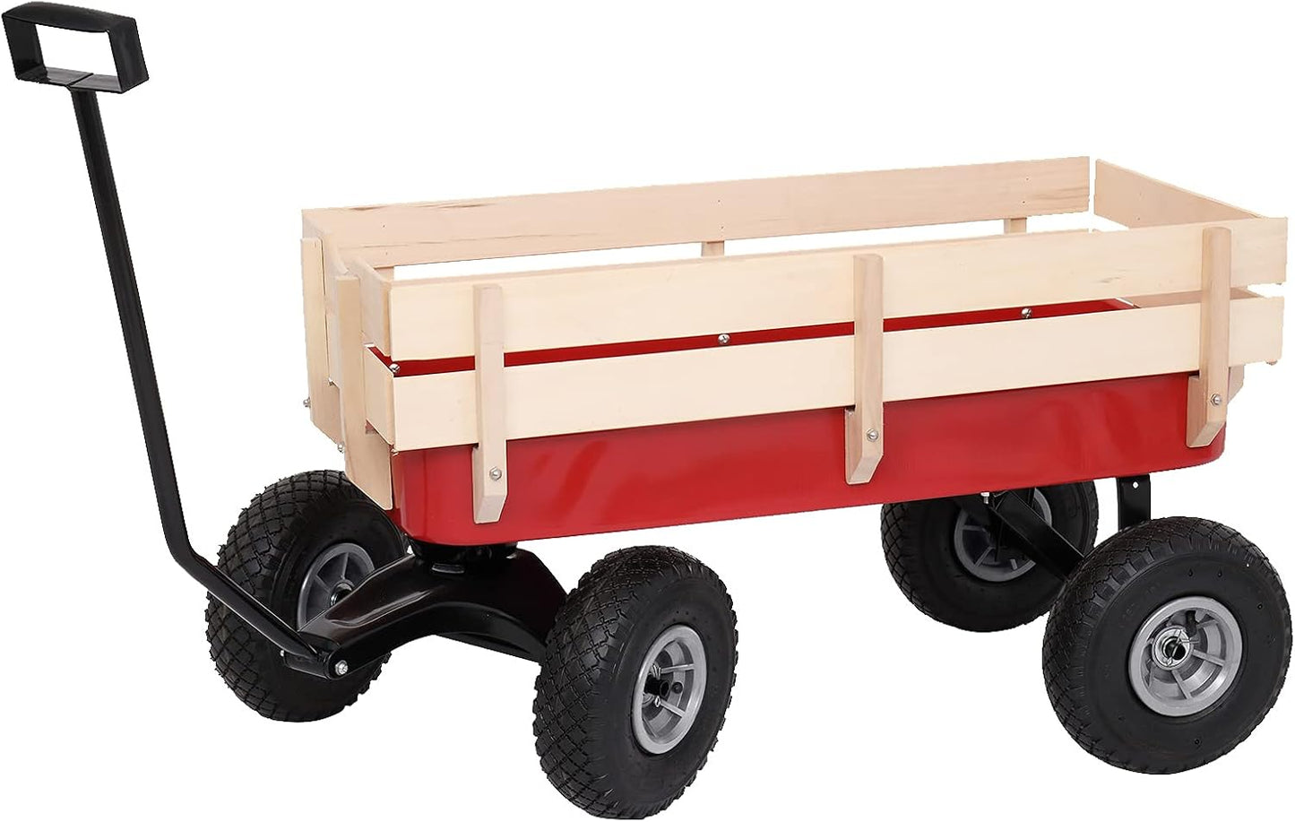 Upgraded Version Best All Terrain Cargo Wagon Wood Garden Cart with Big Wheels, Kids Outdoor Wagons, Air Tires, Easy Assembly, Red
