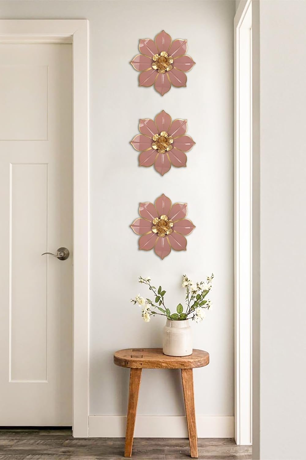 Metal Flowers Wall Decor Set of 3, Pink Metal Flower Wall Art Decor for Inoor & Outdoor Use, 3D Vintage & Modern Pink Walls Arts for Bathroom, Living Room, Bedroom, Garden, Patio, Porch, Office, 10"