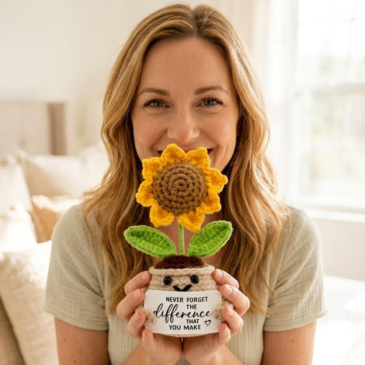 Mini Positive Crochet Sunflower Mothers Day for Mom, Cute Birthday Gifts for Women, Thank You Gifts for Teacher, Coworker, Friends and Sunflower Decor