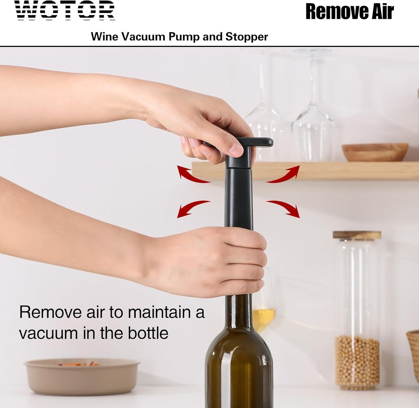 WOTOR Wine Saver Vacuum Pump with 4 Stoppers, Wine Stopper & Preserver, Reusable Bottle Sealer Keeps Fresh, Ideal Accessories Gift (Flat Handle)