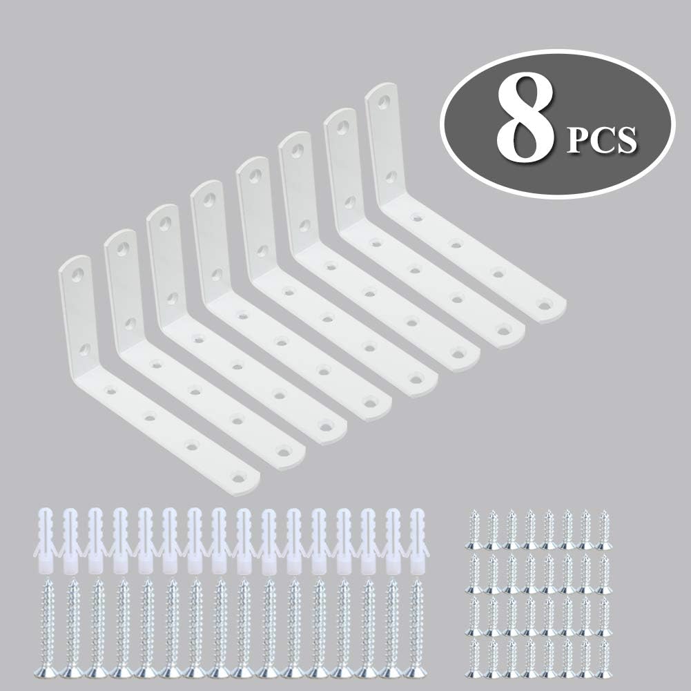 WINKER Corner Brace 8Pcs Shelf Bracket Heavy Duty White Steel L WINKER Corner Brace, Decorative Joint Angle Bracket for Shelf 5 InchX3 Inch Shelves Wall Hanging Bracket with Screws(16PCS))