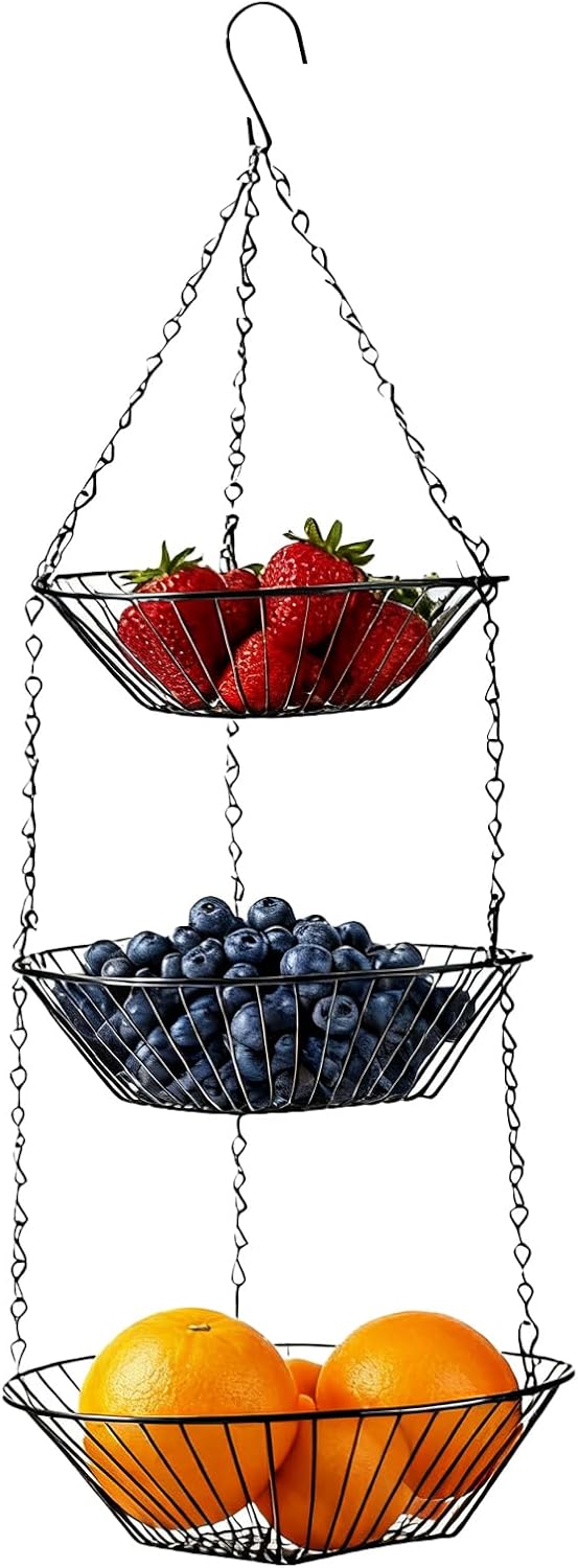 3-Tier Iron Storage Basket - Kitchen and Pantry Organizer for Fruits,