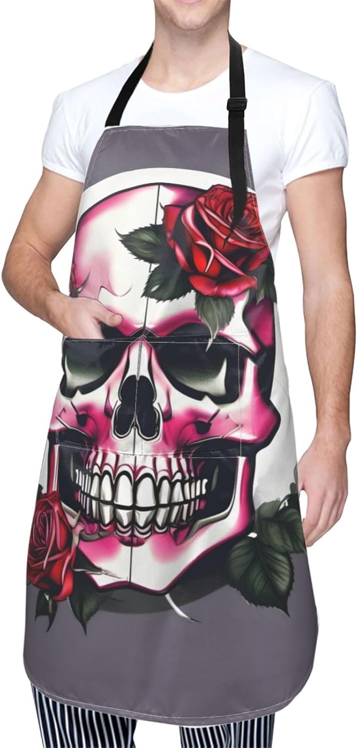 Rose Skull Print 28x33 In Adult Kitchen Apron with Pockets Versatile C