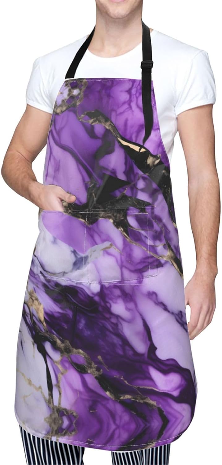 purple marble print Waterproof apron with pocket adjustable cooking ap
