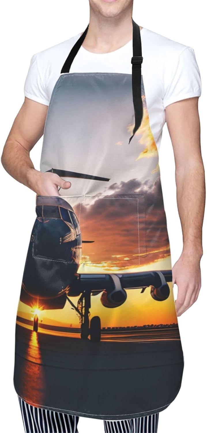 Aircraft Plane at Sunset Print Laundry apron 28x33 In Waterproof Kitchen Apron with Pockets for Cooking Baking