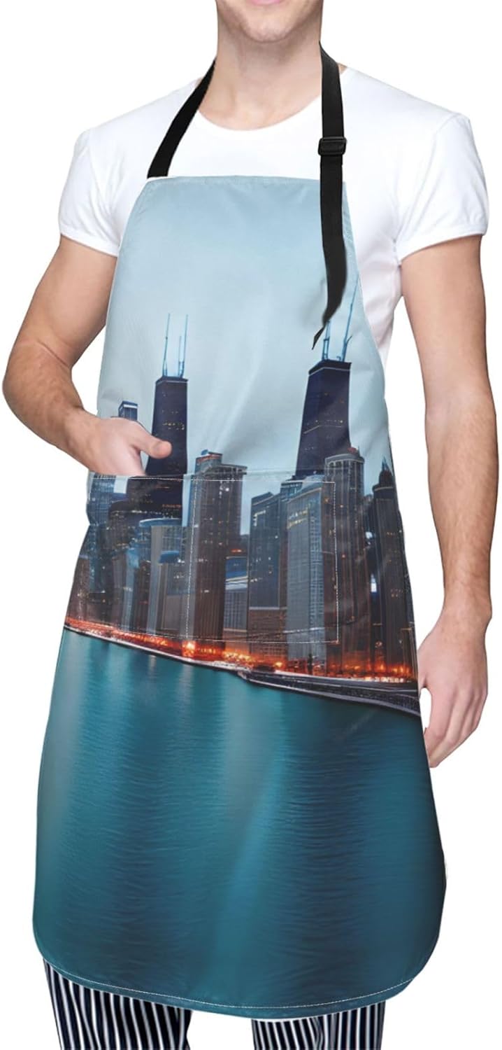 Chicago Print Laundry apron 28x33 In Waterproof Kitchen Apron with Pockets for Cooking Baking