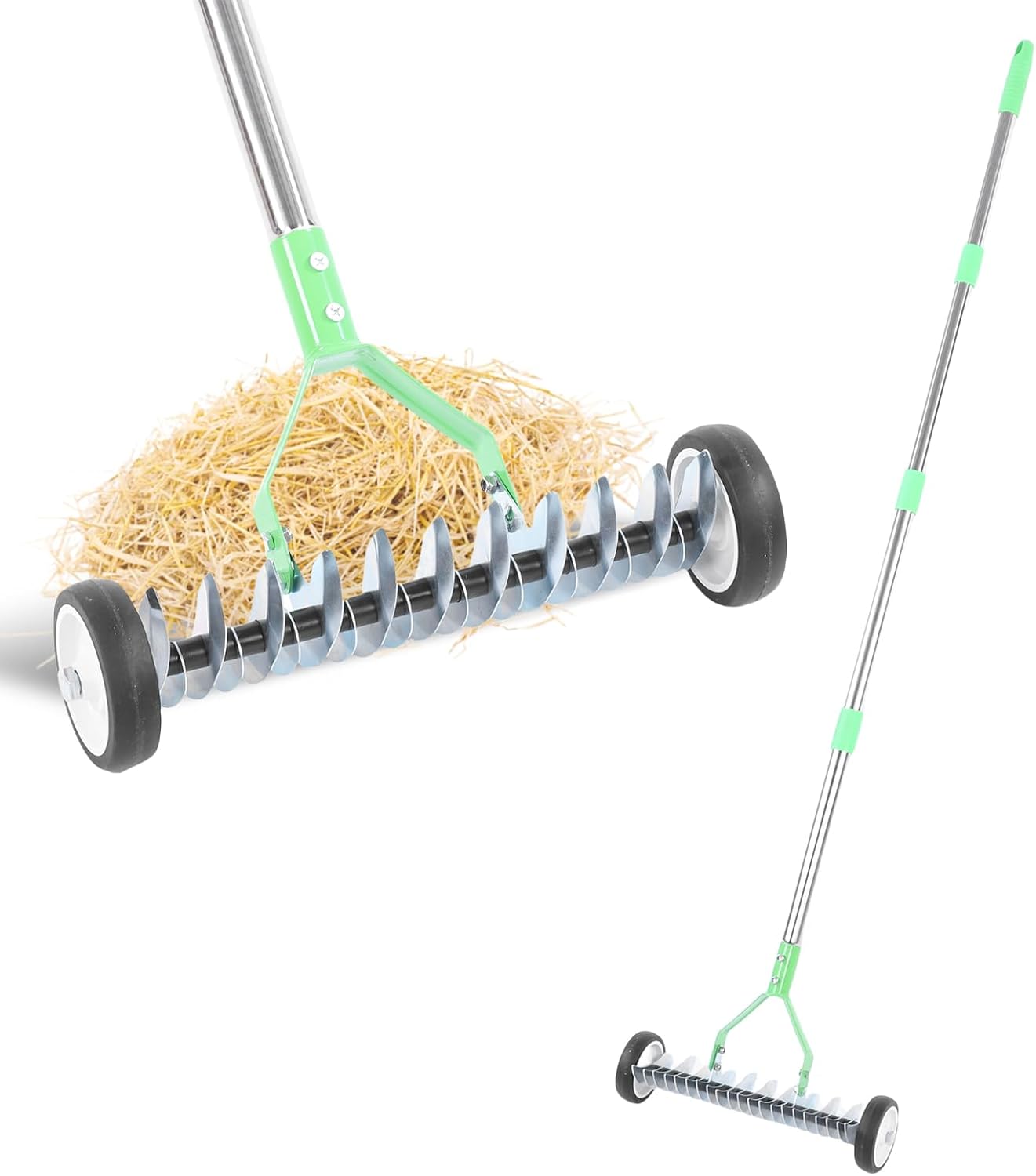 Adjustable Lawn Thatch Rake with Wheels - Comes with Protective Garden