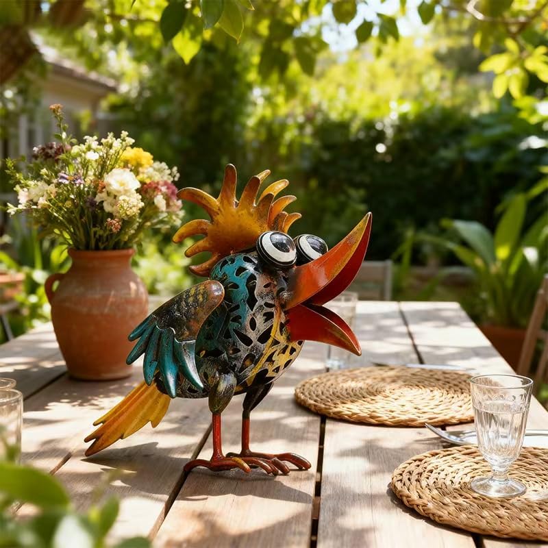 Art Deco Metal Rooster Garden Statue, Weatherproof Outdoor Indoor Deco