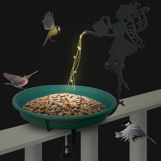 Solar Light String Bird Bath,Birdbaths Deck Mounted 19.5 Inches Bird Bath 2.7 Inches Deck Adjustable Steel Clamp,Balcony Railing Birdbaths, Fence Clamp Detachable…