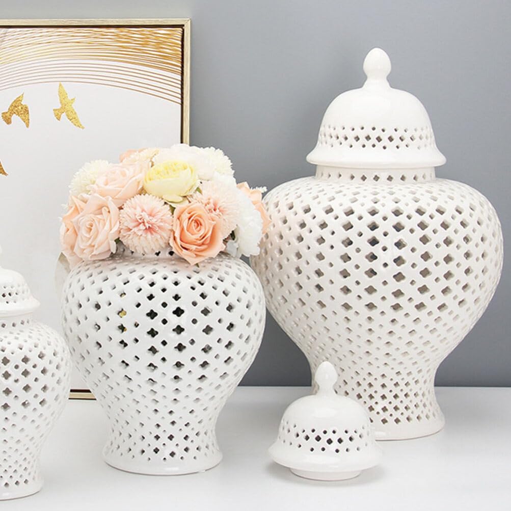 VOSAREA Ginger Jar Traditional Pierced Ginger Jar with Lid Ceramic Vase Carved Lattice Decorative Temple Jar White Ginger Jars for Home Decor