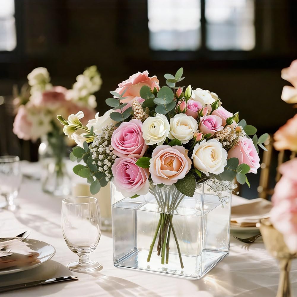 NBEADS 12 Pcs Acrylic Clear Square Vases, 4.72x4.72x4.72 Inch Cube Transparent Planters Acrylic Flower Vases for Wedding Centerpieces Succulent Pots Home Office Floral Decor