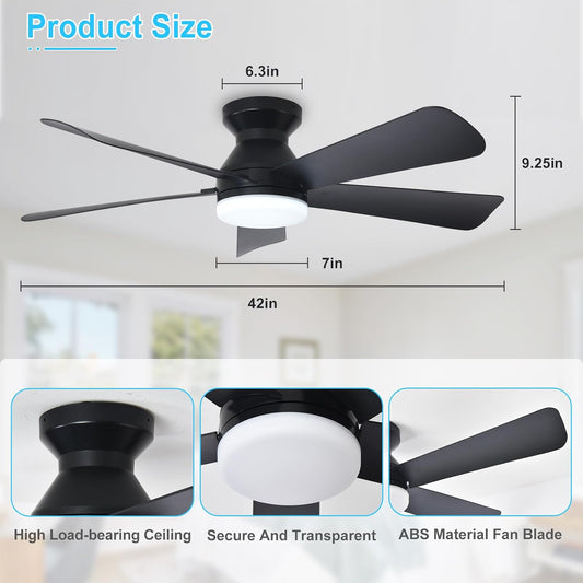 Depuley Modern Ceiling Fan with Light: 42-Inch Black Small Fans for Be