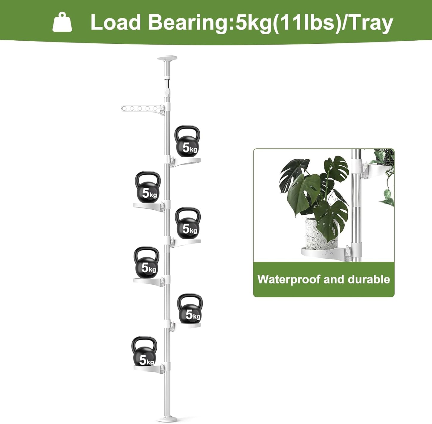 BAOYOUNI 7-Layer Indoor Plant Stands Spring Tension Pole Metal Flower Display Rack Space Saver Corner Floral Pot Hanger Shelf, Ivory