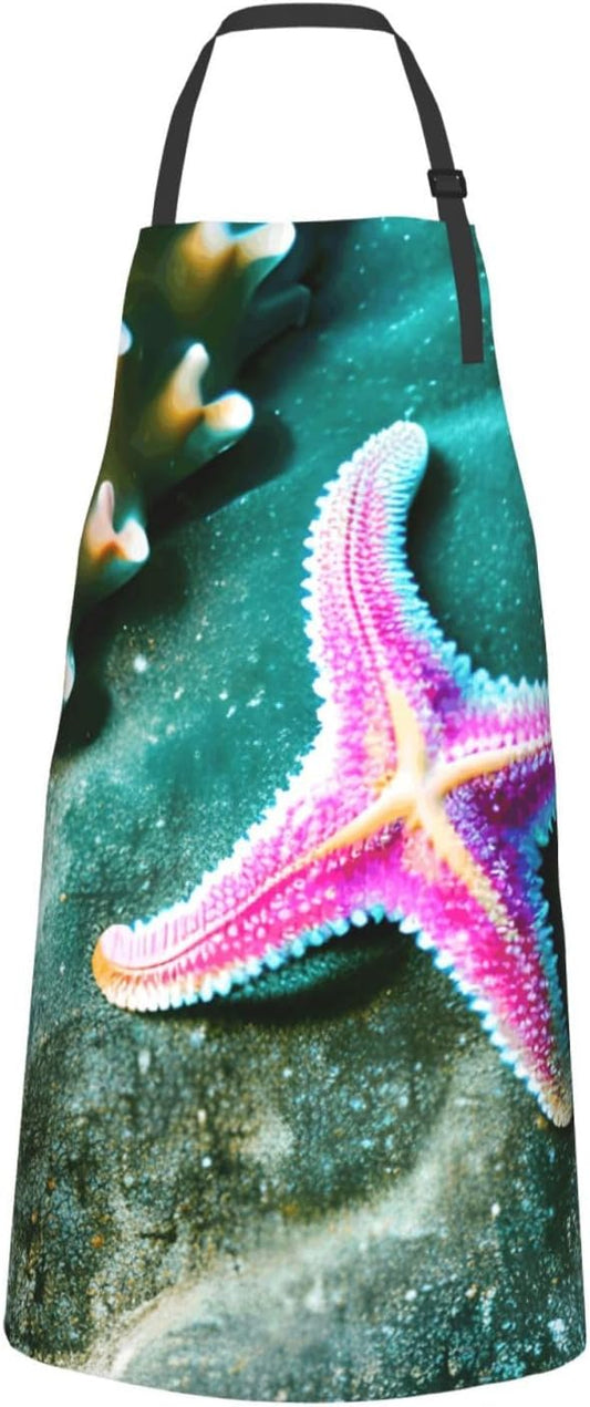YANYU Sea Starfish Print 28x33 In Kitchen Apron Stylish Chef Apron with Pockets for Cooking Baking Painting