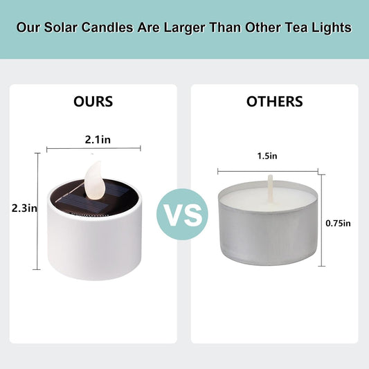 Solar Tea Lights Outdoor Waterproof - 6 Pack Flameless Flickering Solar Candles Reusable LED Tea Light Candles Rechargeable Dusk to Dawn Lighting for Lanterns Garden Camping Home Decor, 2.3''x2.1''