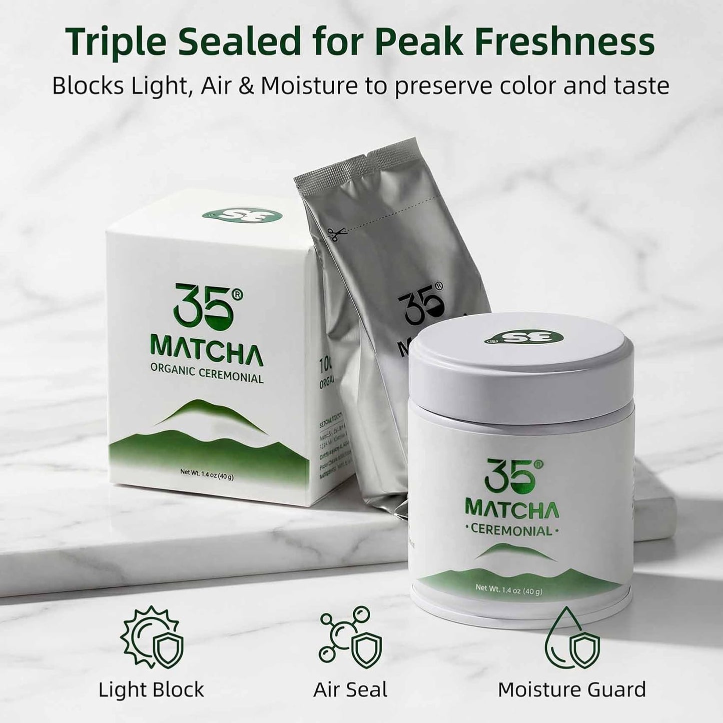 35°N MATCHA Organic Ceremonial Grade Matcha Powder, USDA Certified, 100% Pure Green Tea, First Harvest, No Additives, High in Antioxidants, L-Theanine & EGCG, Smooth Taste for Lattes & Baking, 1.4oz (40g)