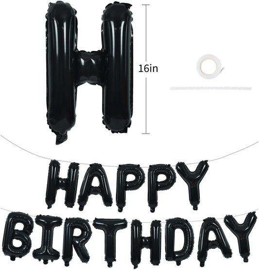 TONIFUL Black Happy Birthday Balloons Banner 16 Inch Mylar Foil Letters Birthday Sign Banner Bunting Reusable for 30th 40th 50th 60th Adults and Halloween Supplies