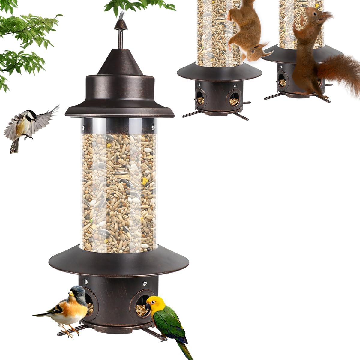 Squirrel Proof Bird Feeders - Gravity Protection Anti Squirrel Wild Metal Bird Feeders for Outdoors Hanging,Premium Hard Plastic Tube Bird Seed Feeder with 4 Feeding Ports for Blue Jay,Sparrow(Bronze)