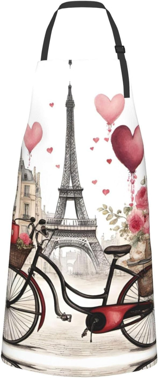 Love Paris Tower Coffee Wine Perfume Bicycle Heart print Waterproof chef's apron with pocket apron for kitchen cooking baking barbecue and gardening