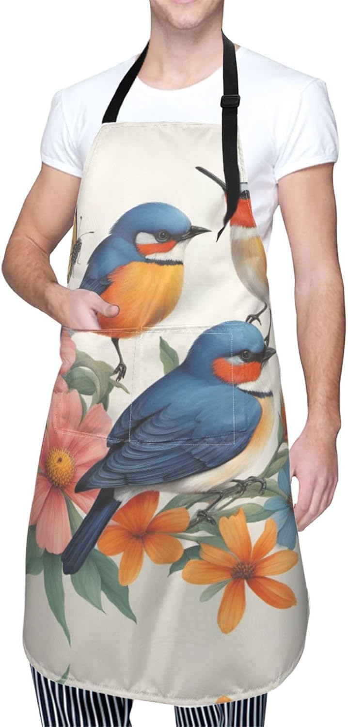 Birds Flowers Butterfly print Waterproof chef's apron with pocket apron for kitchen cooking baking barbecue and gardening
