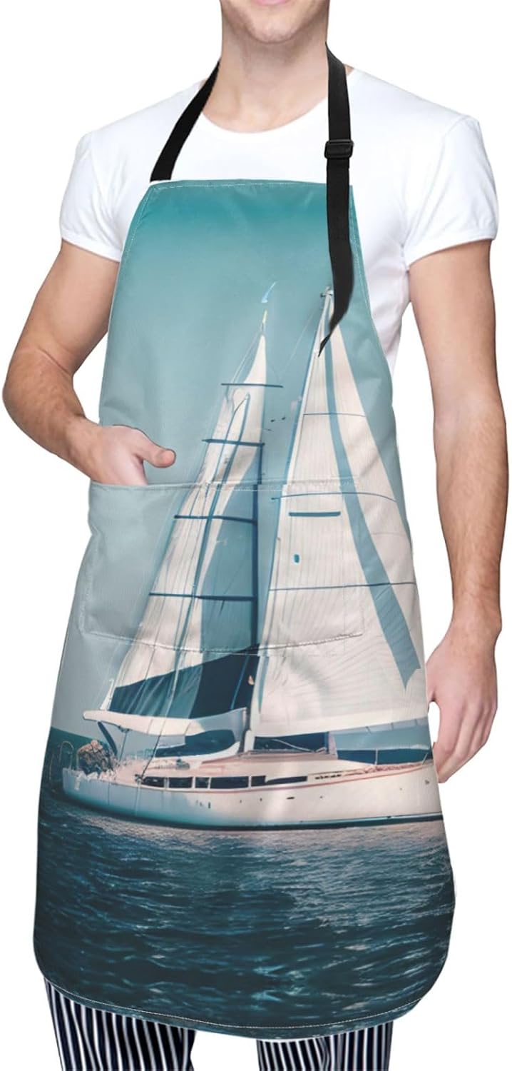 Sailboat Ship Landscape print Waterproof chef's apron with pocket apron for kitchen cooking baking barbecue and gardening