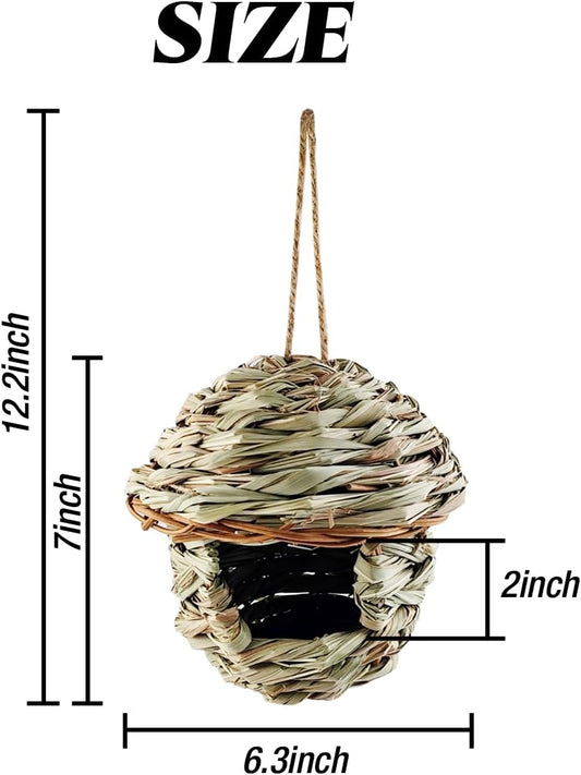 TIHOOD 3PCS Hummingbird House, Hand Woven Bird Nest for Outdoors Hanging, Small Grass Bird Houses for Outside, Natural Fiber Bird Hut Roosting Pocket for Finch Canary Chickadee