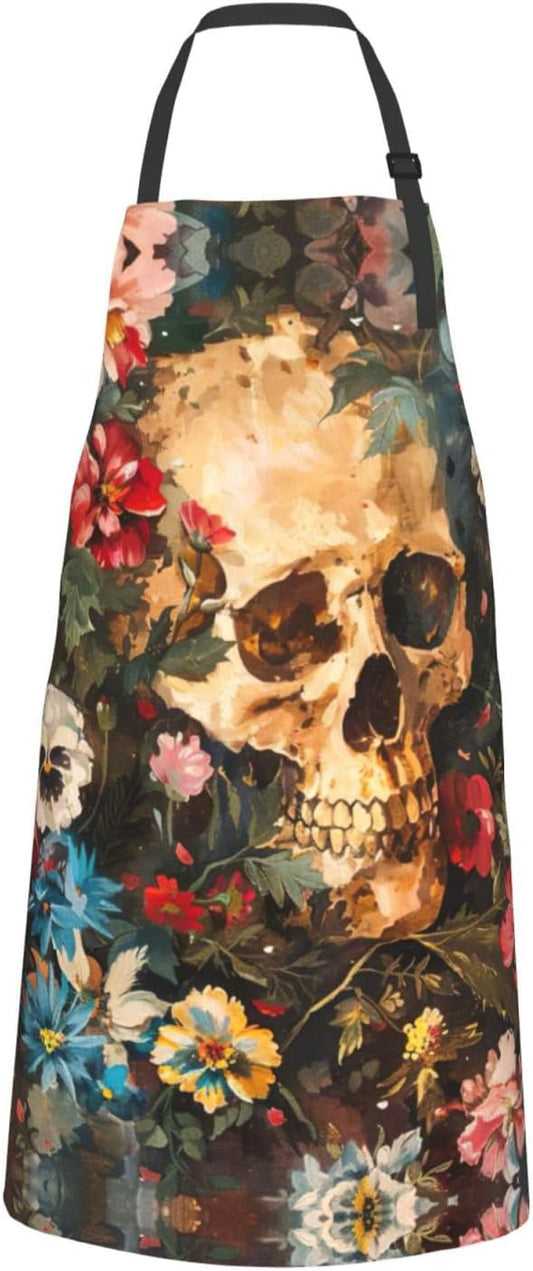 Floral Skull print Waterproof chef's apron with pocket apron for kitchen cooking baking barbecue and gardening