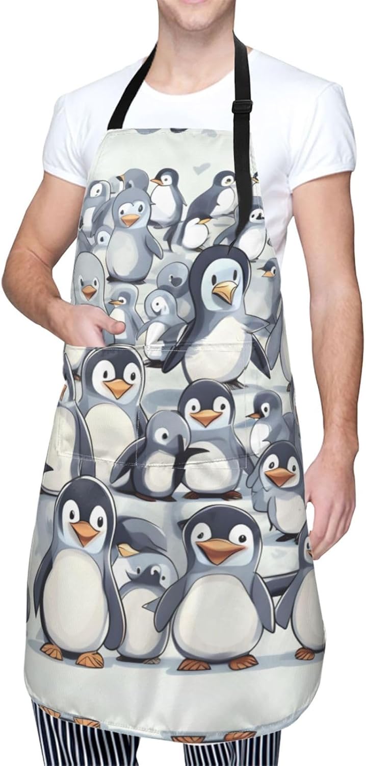Cute Baby Penguins Sketch print Waterproof apron with pocket adjustable cooking apron for adult kitchen bibs to bake