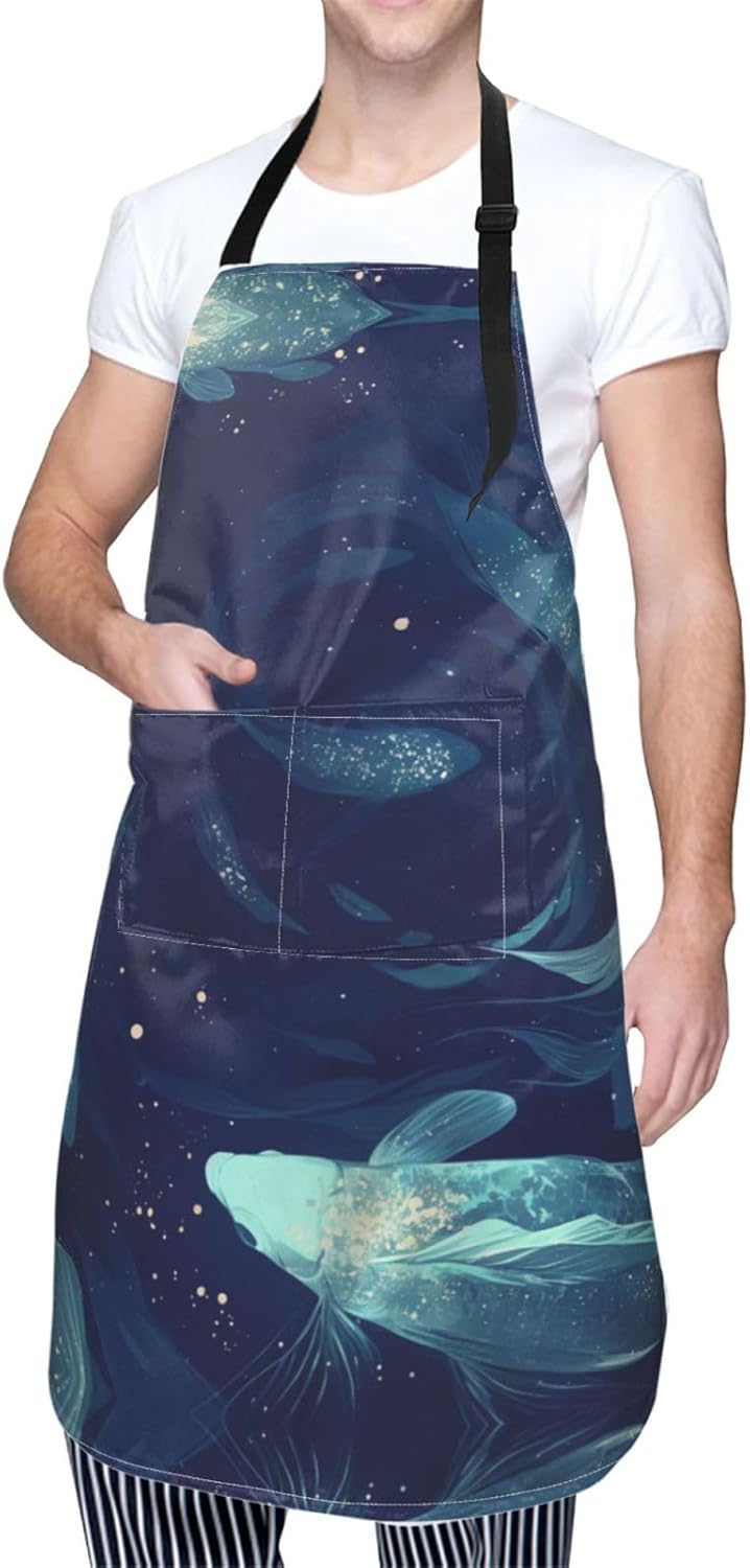 Fish pattern print Waterproof apron with pocket adjustable cooking apron for adult kitchen bibs to bake