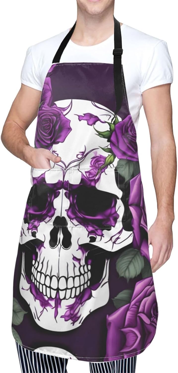 Purple Rose skeleton Print 28x33 In Adult Kitchen Apron with Pockets Versatile Chef Smock for Cooking Baking
