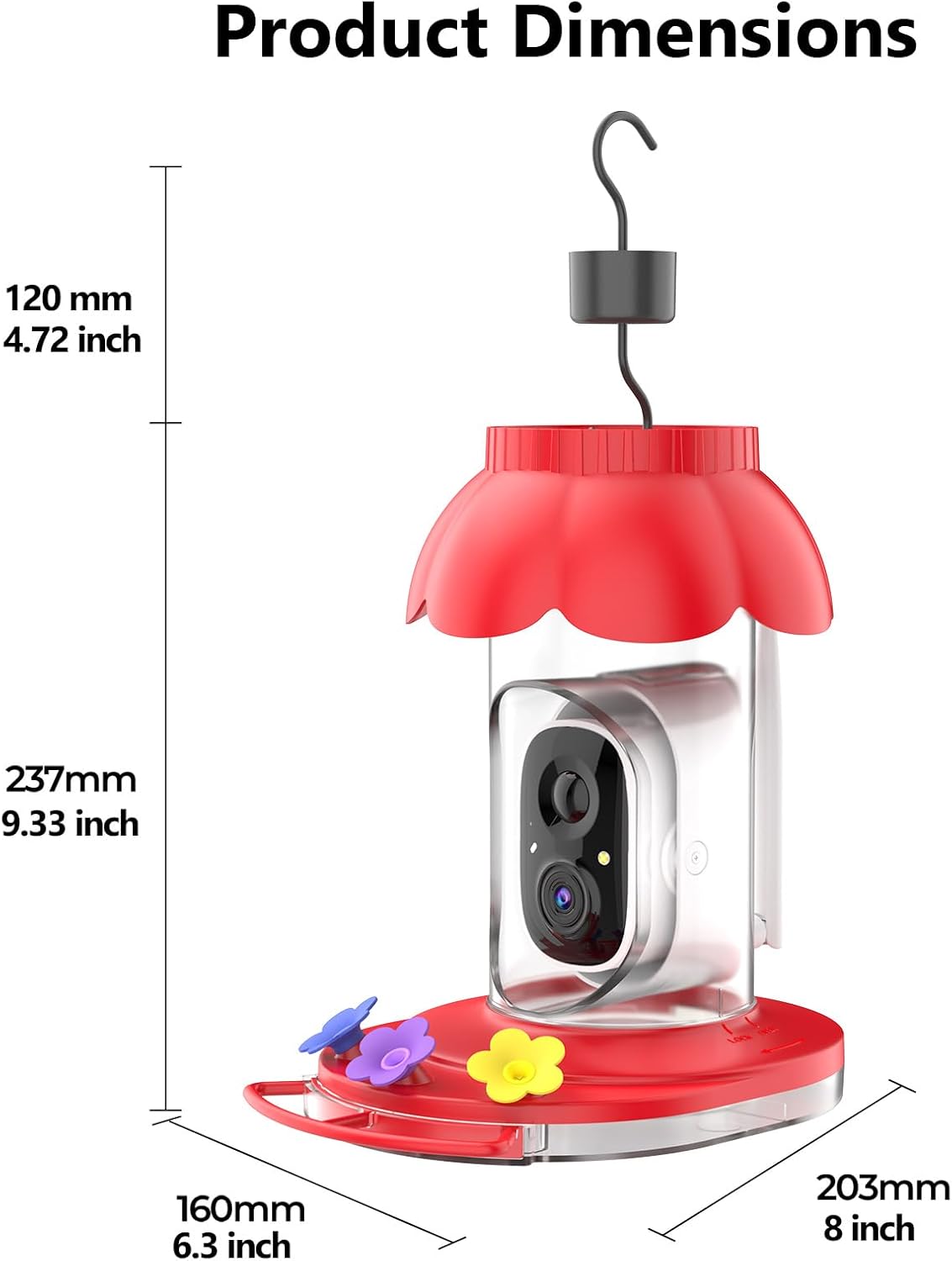 Smart Hummingbird Feeder with Camera Solar Powered, 2K Live View Humming Bird Watching Camera, AI Identify, Instant Notifications, Ant and Bee Proof, 3 Color Feeding Ports,Hanging on Porch Patio