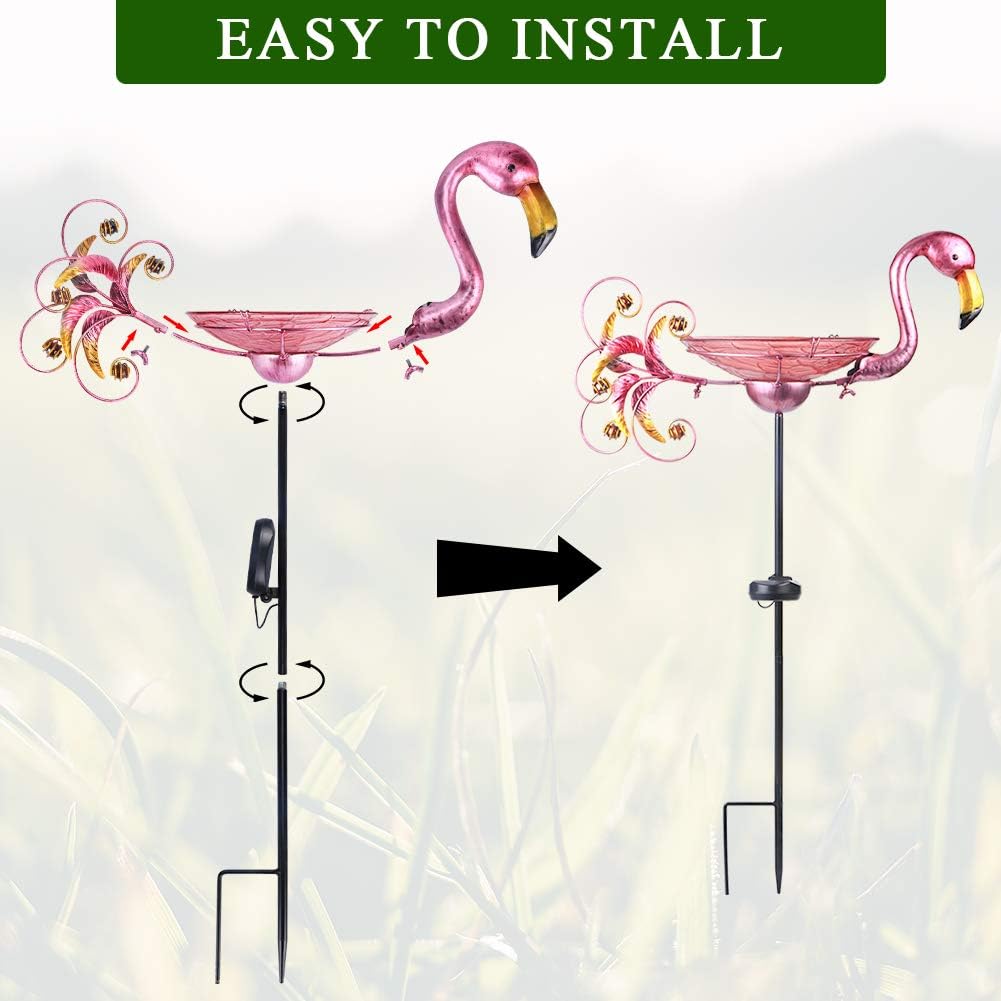 MUMTOP Outdoor Bird Bath Solar Birdbath Small Birdfeeder with Flamingo Metal Stake for Garden Yard Decor