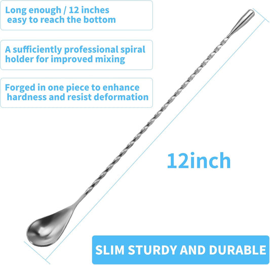 2 Pcs 12 Inch Bar Mixing Spoon Cocktail Spoon Stainless Steel Bar Long Spoon With Spiral Pattern