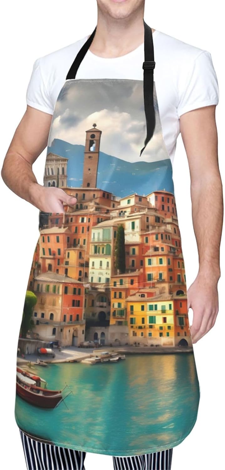 beautiful Italy Print Laundry apron 28x33 In Waterproof Kitchen Apron with Pockets for Cooking Baking