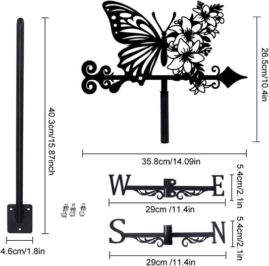SUPERDANT Butterfly Weathervane Flowers Weather Vane for Yard Metal Wind Vanes Roof Mount for Outside Garden Black Weathervanes Farmhouse Farm Barn Sheds Patio Outdoor Decorations Gifts