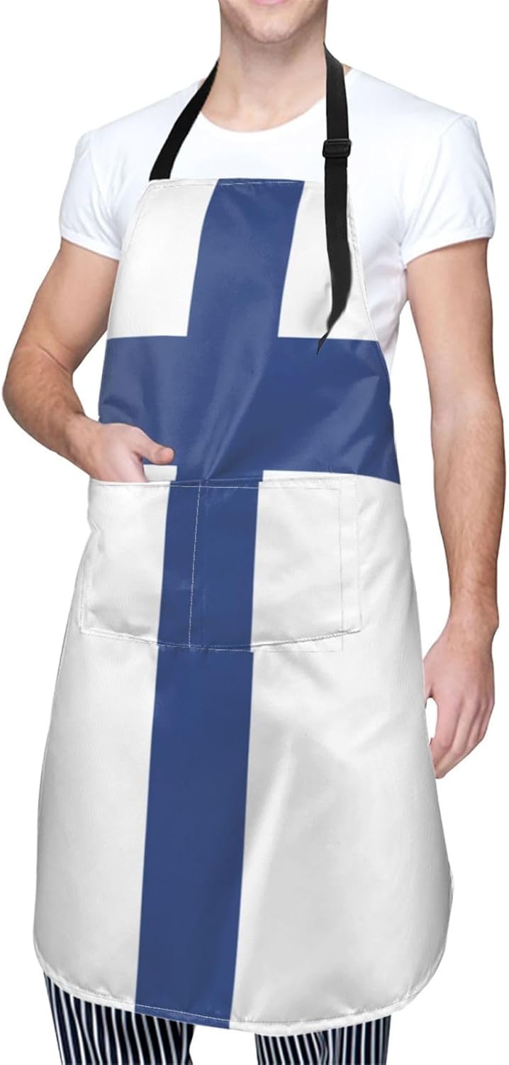Finnish flag print Waterproof chef's apron with pocket apron for kitchen cooking baking barbecue and gardening