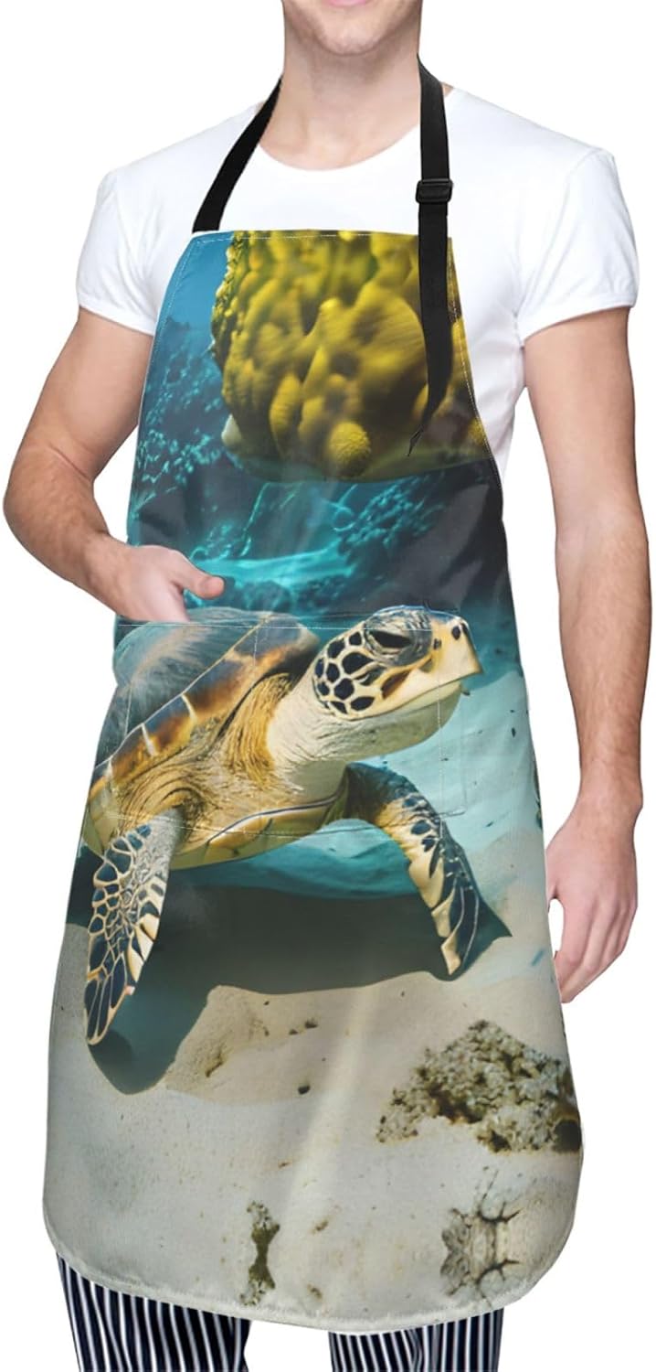 Sea Turtle Print 28x33 In Adult Kitchen Apron with Pockets Versatile Chef Smock for Cooking Baking