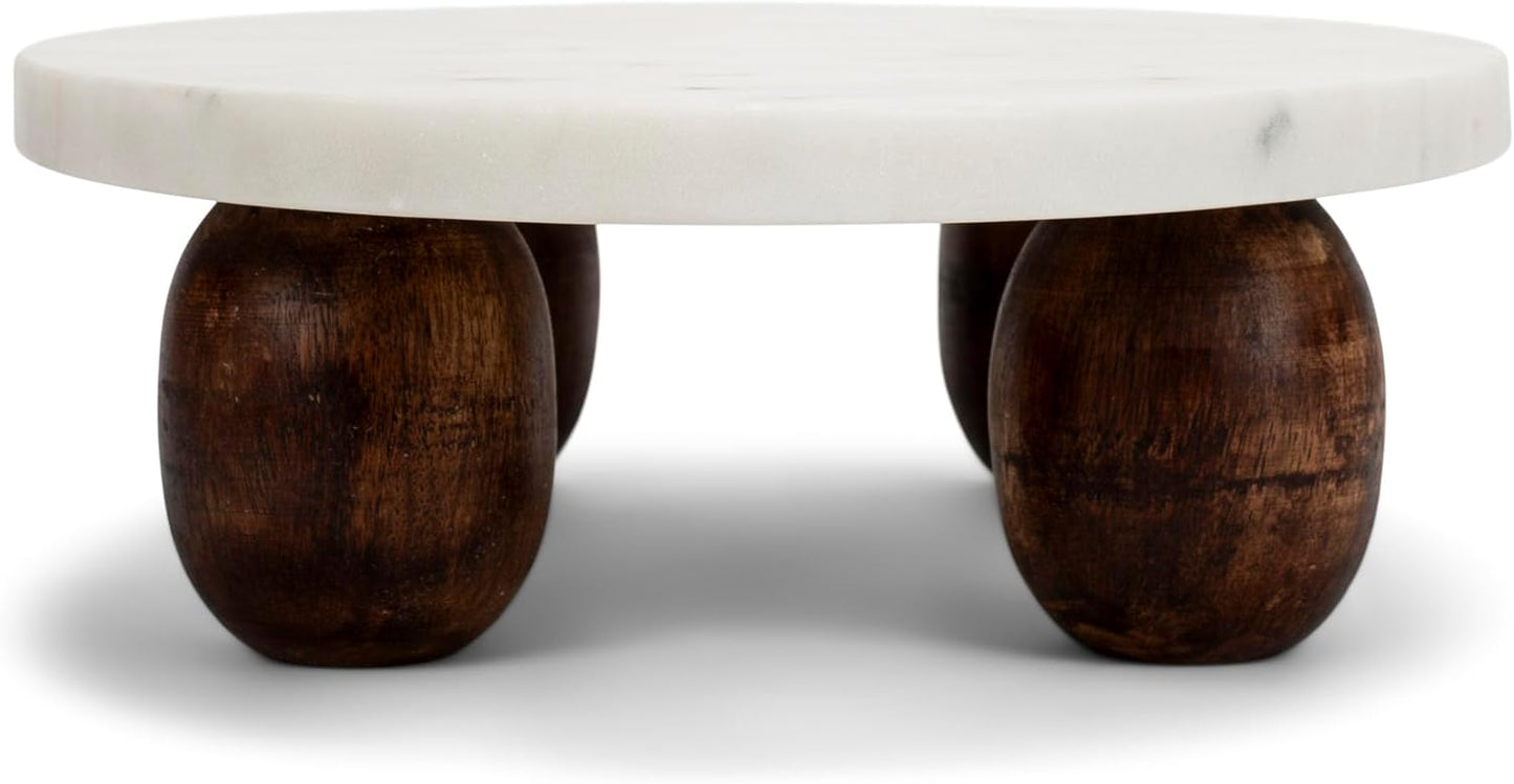 India Handicrafts Elegant Oval with Wooden Feet, White 18 x 10 Inch Marble Display Cake Stand Riser