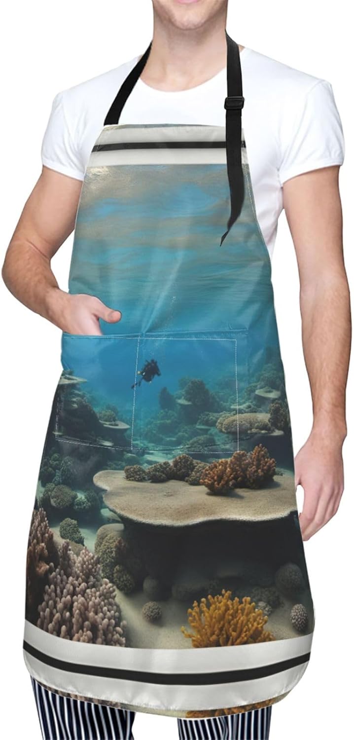 Underwater Ocean View print Waterproof apron with pocket adjustable cooking apron for adult kitchen bibs to bake