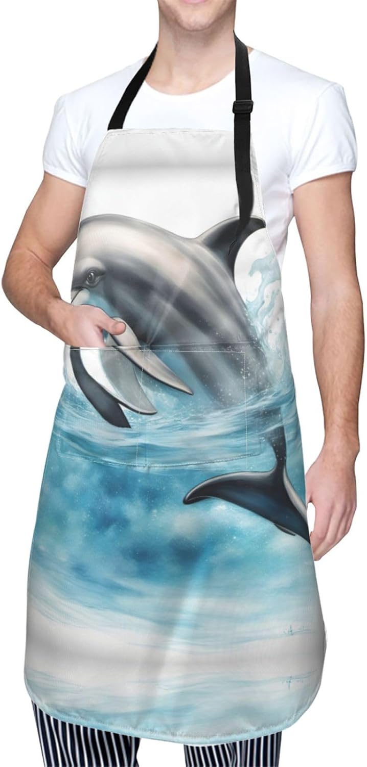 Ocean Dolphin Looking at You print Waterproof chef's apron with pocket apron for kitchen cooking baking barbecue and gardening