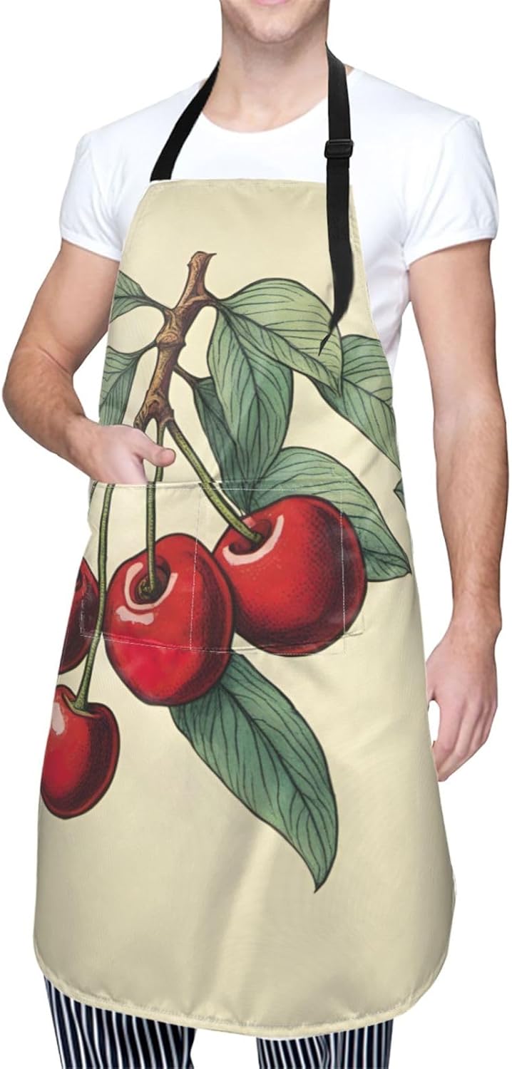lovely sweet red cherry print Waterproof chef's apron with pocket apron for kitchen cooking baking barbecue and gardening