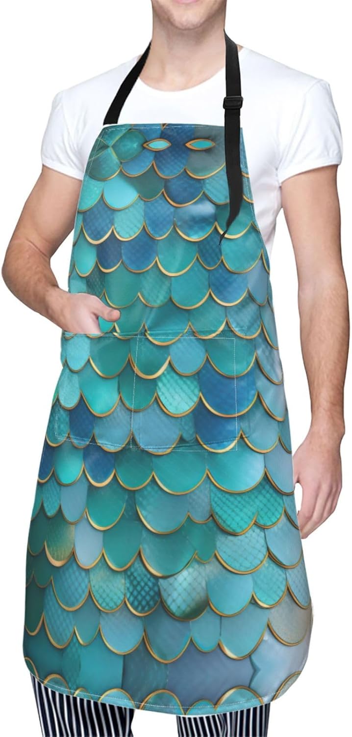 Mermaid Scale print Waterproof chef's apron with pocket apron for kitchen cooking baking barbecue and gardening