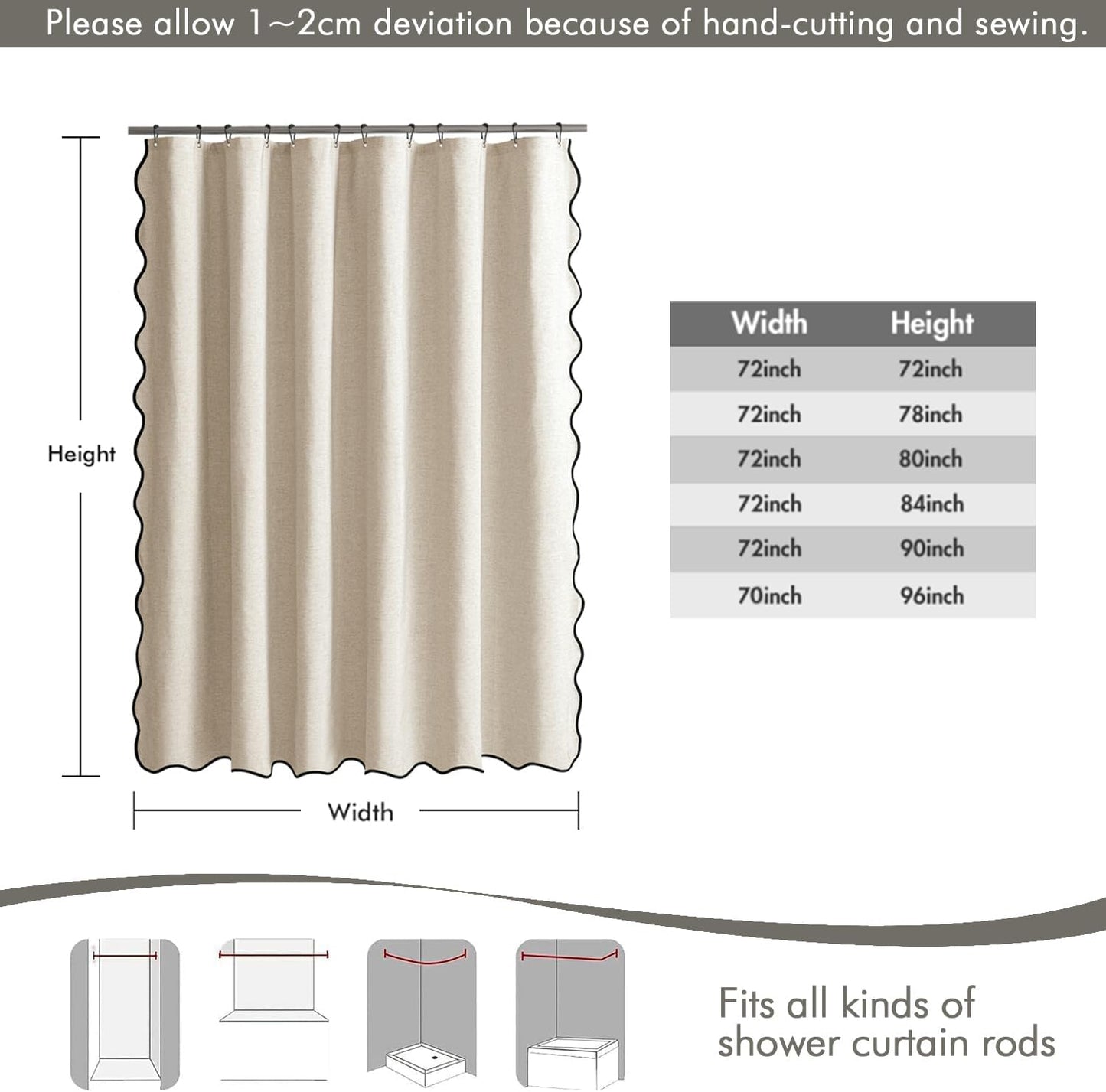MIULEE Beige Scalloped Shower Curtain Linen Textured with 12 Metal Hoo