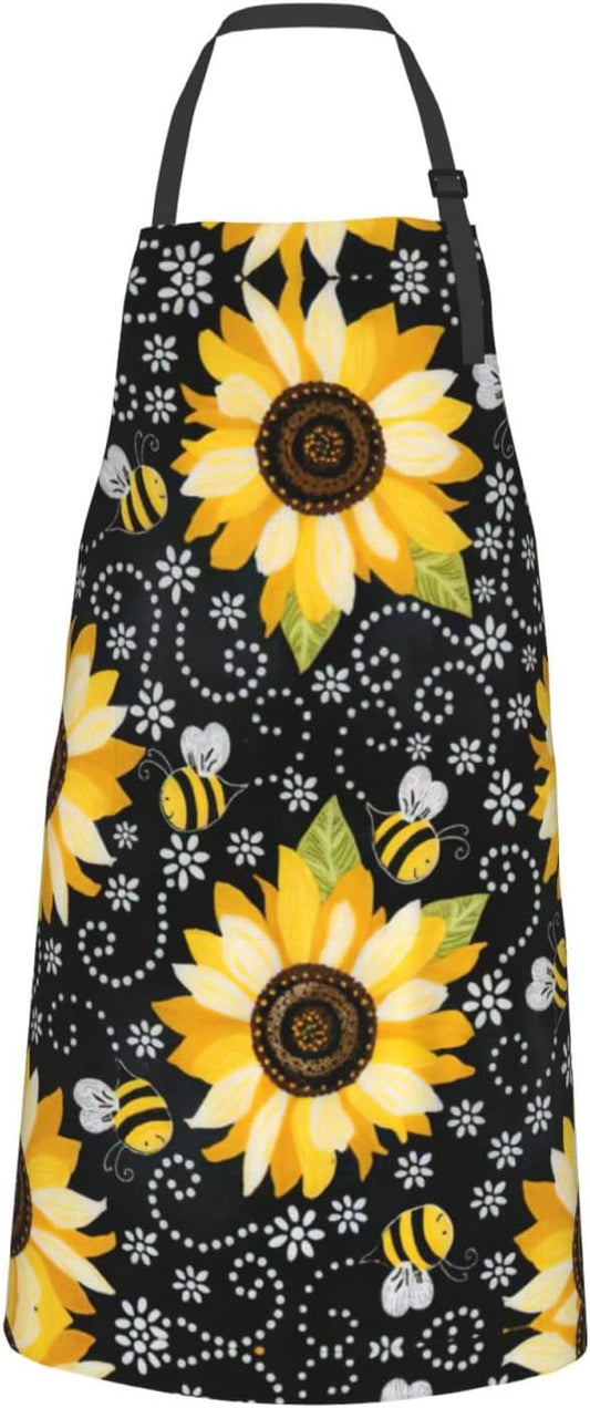 Sunflower bee print Waterproof apron with pocket adjustable cooking ap