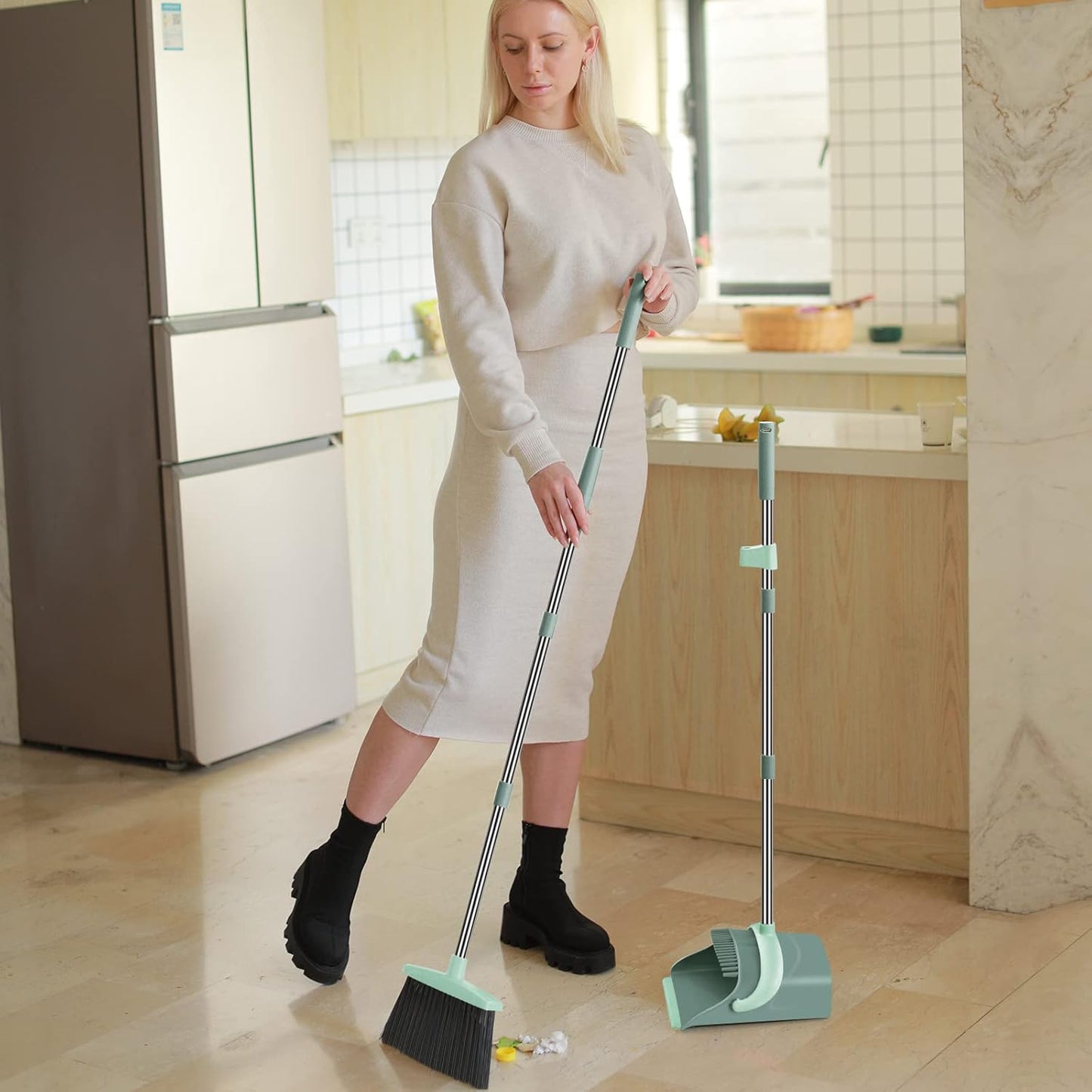 Broom and Dustpan Set for Home, Dust pan with Long Handle, Broom with