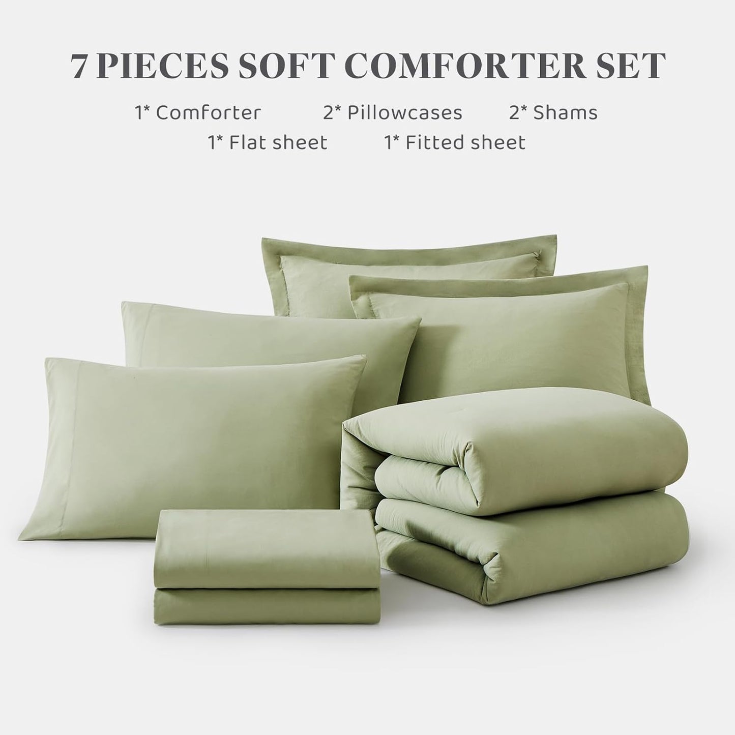 WRENSONGE Queen Comforter Set - 7 Pieces Sage Green Soft Bed in a Bag Queen with Fitted Sheet, Flat Sheet, 2 Pillow Shams, and 2 Pillowcases- Warm Bedding Sets Queen for All Season
